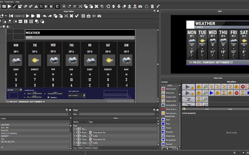 Maestro Page Editor user interface and tools showing a weather graphic being created
