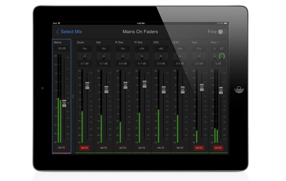 Main faders within Avid VENUE Onstage personal monitor mixer application